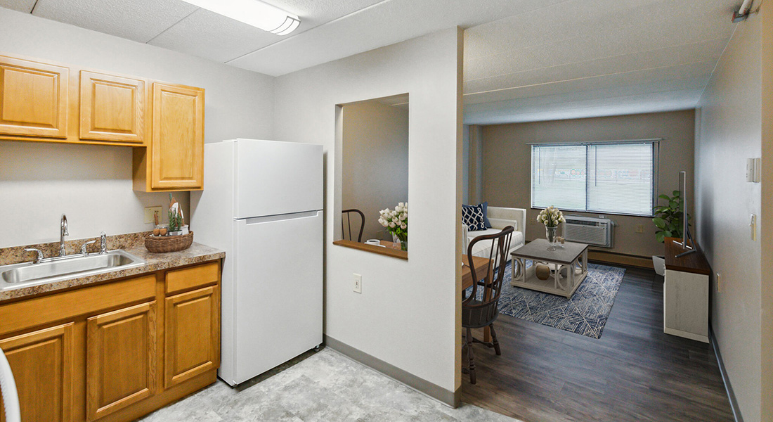 Kitchen inside a unit at East Side Apartments