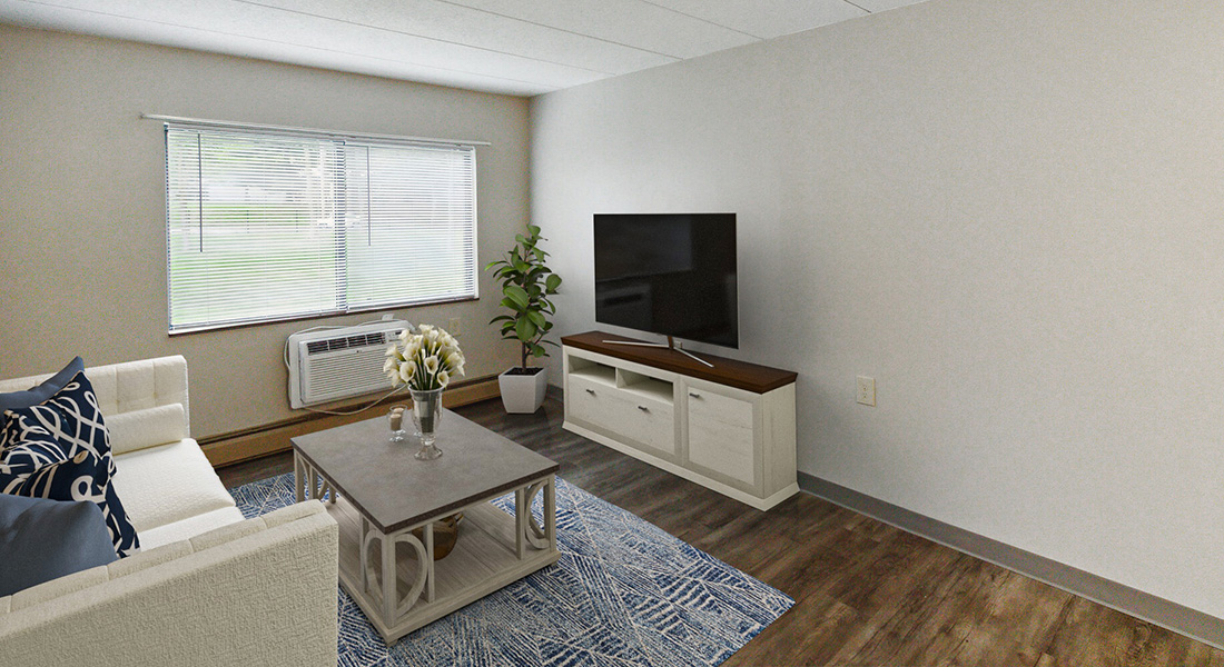 Living room inside a unit at East Side Apartments